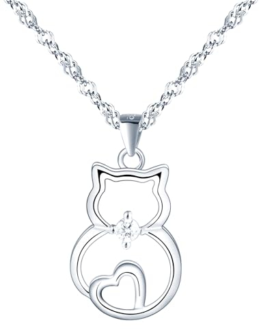 feilok Damen Kette mit Anhänger Katzen Kette Hohl Herz Halskette Damen Silber 925 Kette Anhänger Zirkonia Halskette für Frauen Valentinstag