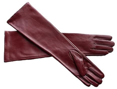 Lange Lederhandschuhe für Damen, Schaffell, dünn, über Ellenbogen, langes Fleecefutter, warme Winterhandschuhe, weinrot, 9