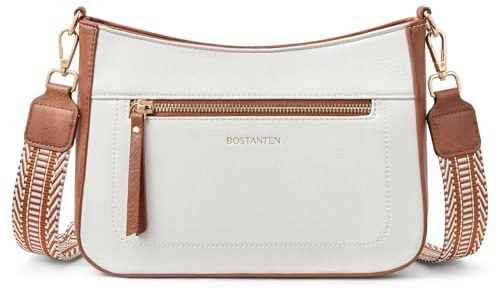 BOSTANTEN Damen Umhängetasche Klein, Damen Handtasche PU Leder Schultertasche für Frauen Crossbody Bag mit verstellbarem Farbigem Riemen,Beige mit Braun