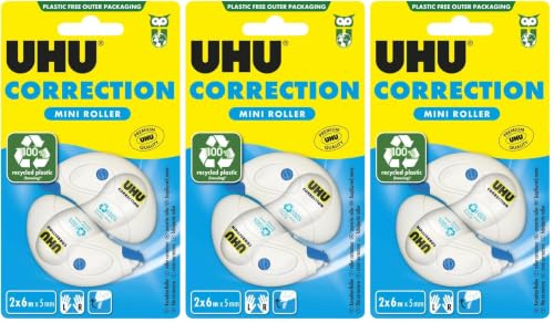 UHU Rollers Correcteur - Ruban Correcteur Mini - Rapide Propre Et Précis - Avec Capuchon Protecteur - Fournitures Scolaire Et Bureau - Blanc - Lot De 2 Rollers De 6 m X 5 mm