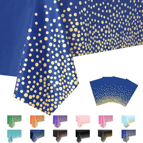 4Stück Gold und Blau 137x274cm Party Einweg Rechteckig Tischdecke,Gold Dot Confetti Wasserdicht Fleckschutz Tischdecken,für Geburtstagsfeier,Hochzeit,Weihnachten,Kindergeburtstag,Cocktail Party