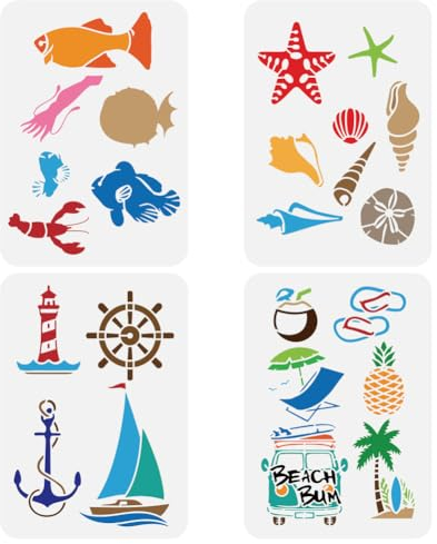 FINGERINSPIRE 4 Stück Große Schablonen Mit Wassertieren Muscheln Nautischem Strandurlaubsthema 21x29.7 cm Hummer Anker Kokosnussbaum Leuchtturm Malerei Große Schablone Sommer Ozean Sprühvorlagen