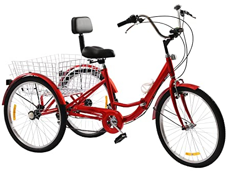 UYRTOY Klapprad, 24 Zoll, Dreirad für Erwachsene, 7 Gänge, Dreirad, mit Becherhalter und LED (rot)