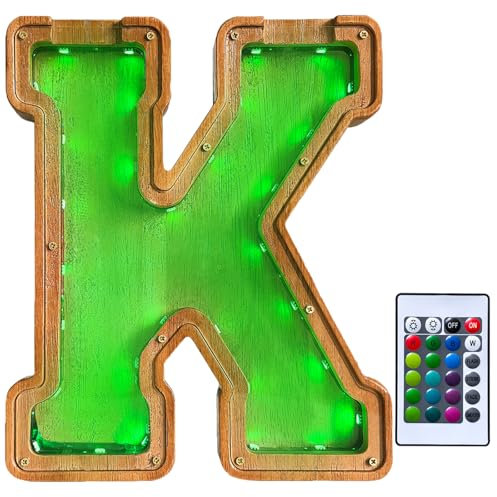 Holz Brief Schweinebank mit Licht 22,9 cm hoch, Kindersparkasse mit LED-Leuchten, Alphabet Münzglas (A-Z), Geburtstagsgeschenk für Kinder Briefbanken für Kinder (K)