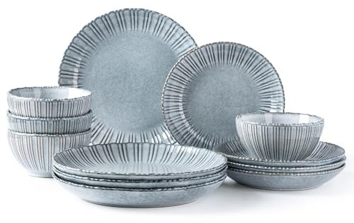 Ceramic Dinnerware Sets GBHOME, Handmade Reactive Glaze Plates and Bowls Sets, Chip and Scratch Resistant Dishes| Dishwasher & Microwave Safe | Dishware Service for 4(12pcs)