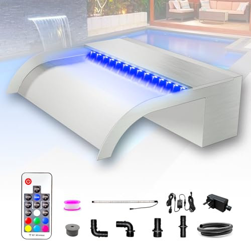 Longrun 30cm Teich Wasserfall Klingen Set, 304 Edelstahl Gebogener Wasserfall mit 7 Farben LED und Fernbedienung, Breite 25.5cm