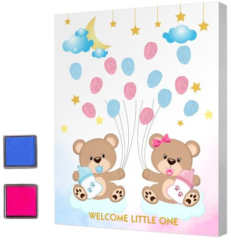 YANSYUN Gender Reveal Party Fingerabdruck Baum, Geschlecht offenbaren Fingerabdruck Blätter Baum, Babyparty-Gästebuch, Tier-Thema Gender Reveal Baby Shower Party, Fingerabdruck-Gästebuch Andenken