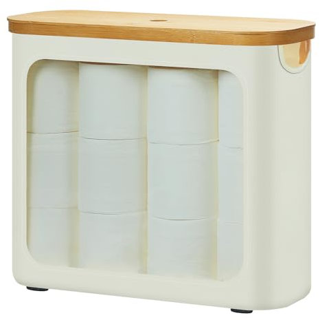 ROSOS Toilet Roll Storage, Toilet Paper Storage with Lid for 12 Rolls, Toilet Roll Basket for Bathroom, Free Standing Toilet Paper Holder with Storage, Toilet Roll Storage Box, Beige