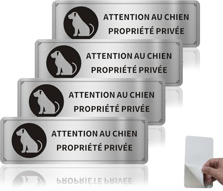 Acuxiaza 4 Pièces Panneau Attention Au Chien Aluminium Brossé 250x80mm Panneau d'avertissement Panneau Propriété Privée Adhésif aux UV Imperméable pour Extérieure