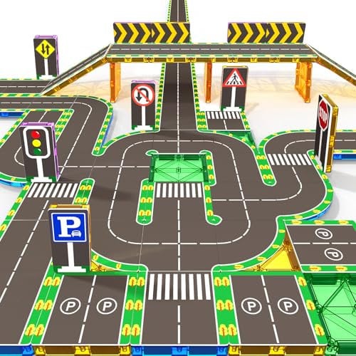 64PCS Magnetic Tiles with Road Toppers Set, Kids Toys for 3+ Year Old Boys Girls, Magnet Building Blocks Add-on Pack, STEM Construction Toys for Ages 3 4 5 6 7 Christmas Birthday Gifts for Toddlers