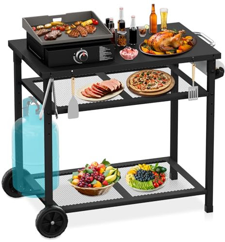 JYiuog multifunktionaler Grillwagen, 3-Etagen Grill-Esswagen, Küchenwagen mit Papierhandtuchhalter und Haken, Outdoor Servierwagen Beistelltisch (schwarz)