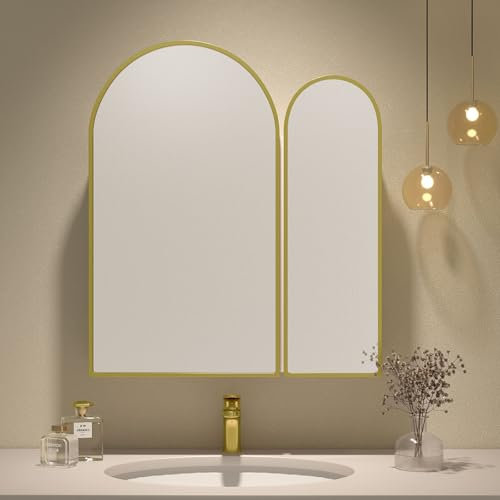 Mepplzian Bathroom Cabinet with Mirror,2-Door Arch Bathroom Mirror Cabinet,Arched Mirror Cabinet Bathroom Wall,Mirrored Bathroom Cabinets Wall Mounted,Bathroom Mirror with Storage,Brushed Gold 60 x 70