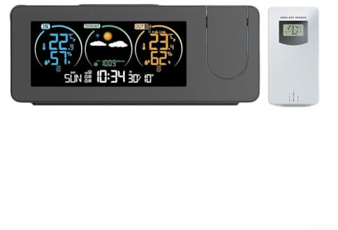 Oniissy Digital Weather Station Projection Alarm Clock with 3 Sensors, Temperature Humidity Monitor, Barometric Pressure, Moon Phase, Calendar, Weather Forecast for Bedroom