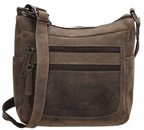 Hide & Stitches Idaho Leder Umhängetasche Klein Schultertasche Crossbody Tasche, Verstellbarer Riemen, Mehrere Reißverschlussfächer, Langlebig, Braun 16,5x22,5x4 cm