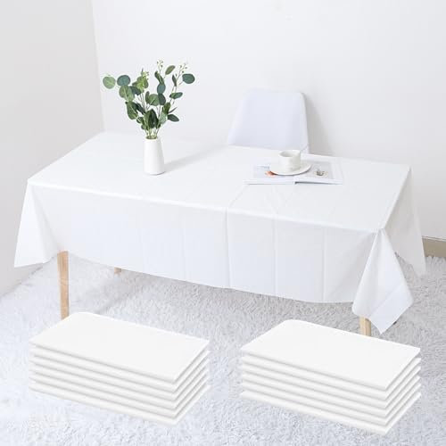 Janety 12 Nappe Blanche Jetable Effet Tissu, 137 x 274 cm nappes Blanches imperméables, Polyester lavables rectangulaires, pour Les Mariages, Les fêtes, Les Anniversaires d'enfants