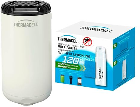 THERMACELL Diffuseur Anti Moustiques et Moustiques Tigres - Extérieur - sans Fil Nomade - Zone de Protection 20m² - Effet Rapide - Inodore - Recharges 120h - 10 Cartouches Gaz + 30 Plaquettes - Blanc