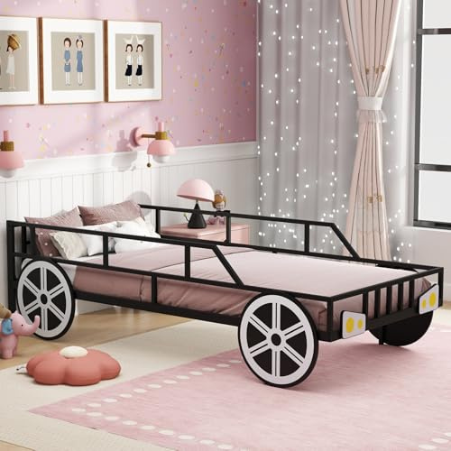 Maxmass Metal Kids Bed Frame, Heavy Duty Children Single Platform Bed with Guardrails, Headlights and Wheels Decorations, Boys Girls Car-Shaped Floor Bed, No Box Spring Needed