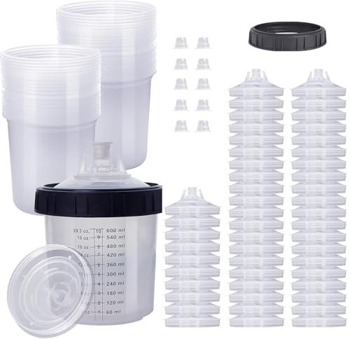 TINMAGI Gobelet Mélangeur de Pulvérisateur de Peinture, Gobelet Jetable pour Pistolet à Peinture HVLP, 50 Couvercles Jetables et Liner avec Graduation, 10 Bouchons (600ML)