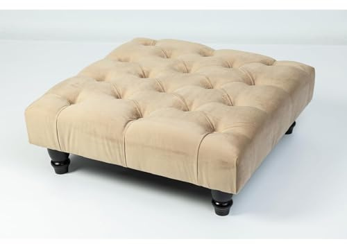 Kiswa collection Chesterfield Footstool - Plush Velvet Upholstered Pouffe with Wood Legs, Elegant Coffee Table Footrest, Matching Buttons, Stylish Home Decor (Mink, 25D x 60W x 60H cm)