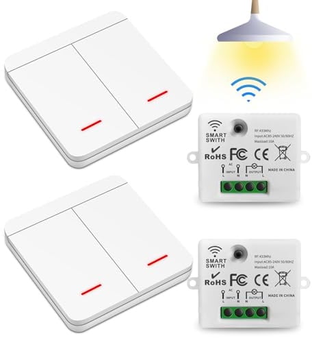 Interruttore senza fili 230 V, senza foratura o lavori elettrici, interruttori telecomandati per lampada camera da letto, soggiorno, scala, esterno (2 ricevitori + 2 interruttori)