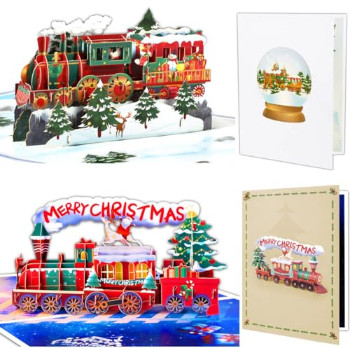 GREETING ART 2er-Pack Pop-Up Karte Weihnachten mit Umschlägen, 3D Weihnachtskarte mit Weihnachtszug Eisenbahn, Weihnachten Karte für Kinder, Frauen & Männer