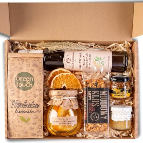 Geschenkbox mit Tee, Honig, Sirup und Konfitüren, Handgemachtes Premium Geschenkset, 25 x 20 x 8 cm, Natürliche Delikatessen aus Polen