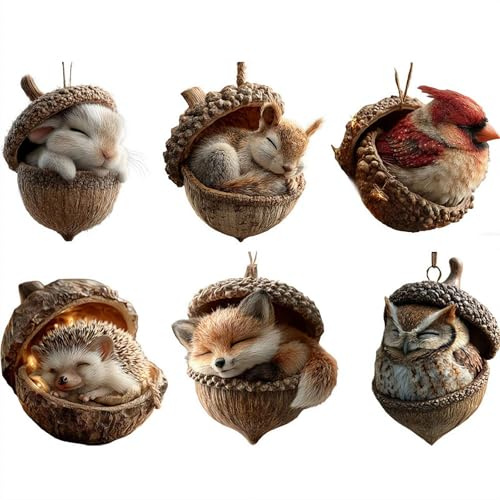 Waldtier Eichel Ornamente, Wald Weihnachtsornamente,2D Tier Weihnachtsbaum Hängedekorationen,Tier Hängenden Weihnachtsschmuck Anhänger,Ländliche Natur Heimdekoration Weihnachtsdekorationen (Set)