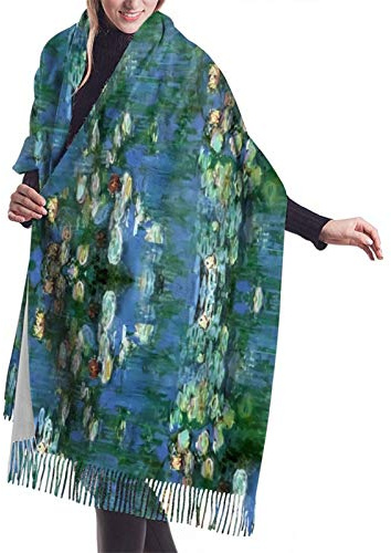 Elegante Schal Scarf Stola Lilien Claude Monet Seerosen Schals für Damen Warme Deckenschal mit Fransen für Kälteschutz Innen Winter 68X196cm