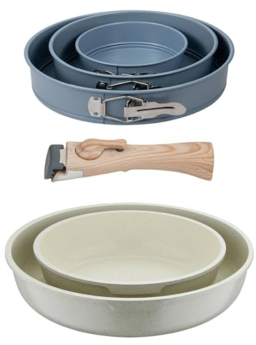 Bergner Click&Cook Juego de 2 Sartenes Ø22Ø26cm Aluminio fundido Blanco con Mango desmontable+Juego de 3 moldes de horno redondos Ø12Ø18Ø22cm