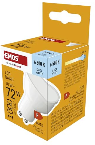 EMOS - LED Lampe Spot, 10 W Ersatz für 72 W Halogenlampe - MR16 Reflektorlampe mit GU10 Sockel - Helligkeit 1000 lm Kaltweiß 6500 K - 20000 h Lebensdauer, CRI min. 80, 110° Abstrahlwinkel - Weiß