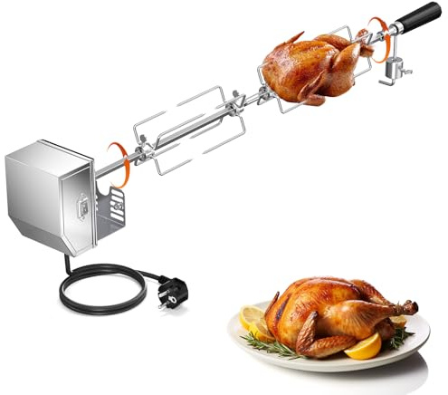 GJCrafts Tourne-broche électrique,tourne-broche automatique à 360°avec moteur 120V 4W, tige de broche de 34 à 42cm,4 fourchettes à viande, supports complets et vis de fixation pour barbecues de jardin