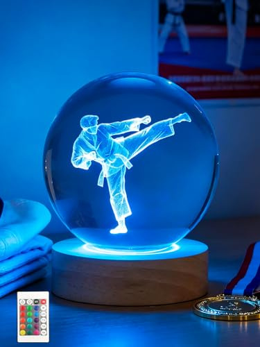 Ammonite-Karate-Kristallkugel, 16 Farben wechselnd mit Fernbedienung, USB-betriebener LED-Holzsockel, 80 mm klares Glas-Kunstobjekt als Geburtstagsgeschenk für Kinder und Teenager