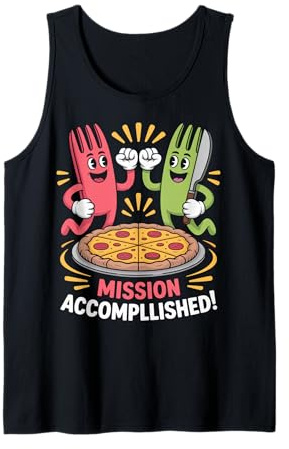 Pizza High-Five Cartoon Fork & Knife Design Tank Top