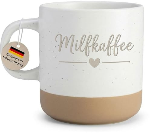 Lustige Tasse Gravur Milfkaffee Kaffeetasse für Mütter, Frauen, Geschenk Geburtstag Muttertag, witziger Becher Steingut - Henkel links