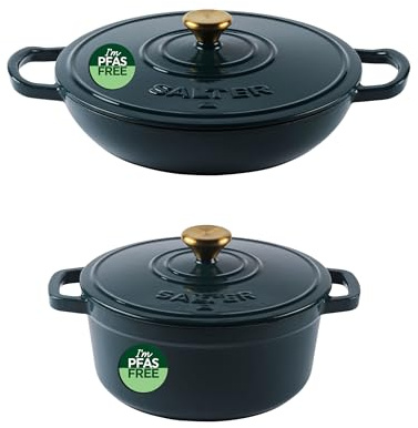 Salter Chester 30cm Shallow & 20cm Cast Iron Casserole Pot Set - 2.8L & 2L Dutch Ovens, Enamel Coated, Self-Basting Lids, Oven Safe, Suitable for All Hobs Including Induction, PFAS-Free, Green