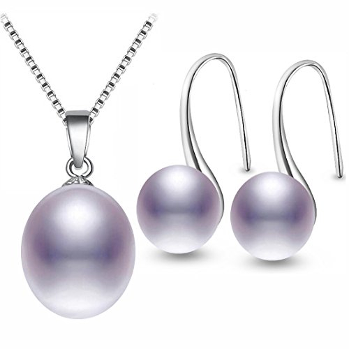 Kim Johanson Damen Perlen Schmuckset Eva aus 925 Sterling Silber mit echten lila Süßwasser Perlen Halskette & Ohrringe inkl. Schmuckbeutel