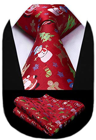 HISDERN Pour des hommes Cravate De Noel Arbre Wapiti Bonhomme de neige Pere Noel Motif Parti tisse Cravate et poche carree Set