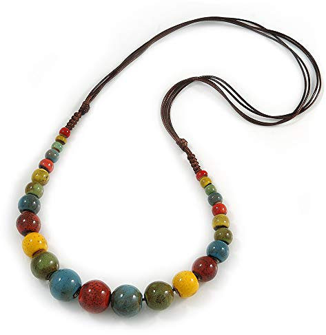 Avalaya Multicoloured Ceramic Bead Brown Silk Cords Necklace - Adjustable - 60cm to 70cm Long