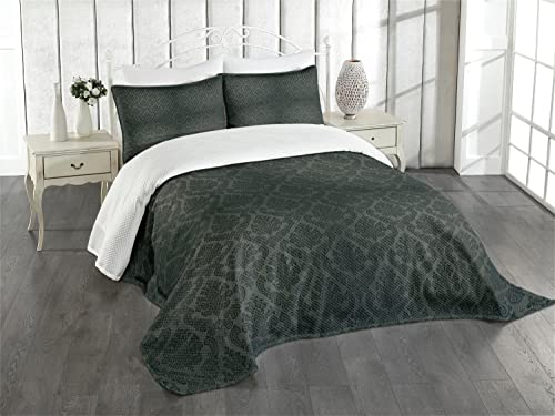 ABAKUHAUS Dunkelgrau Tagesdecke Set, Alte Damast-Motive, Set mit Kissenbezügen luftdurchlässig, für Doppelbetten 220 x 220 cm, Schwarz Grauen