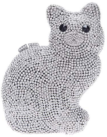 Santimon Damen-Abendtasche Clutch Handtasche Abend Handtaschen Strass Unterarmtasche Hochzeit Party Glitzer-Tasche Luxus Katze Silber