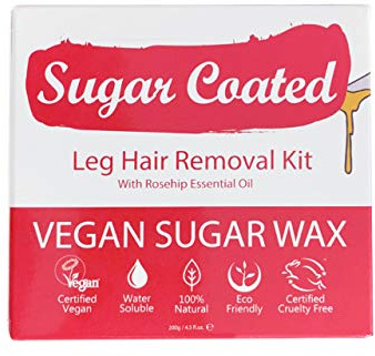 Sugar Coated Organic Leg Hair Removal Sugar Wax Kit, Gentle Waxing Kit with Strips & Rosehip Oil to Moisturise, At-Home Soft Wax for Sensitive Skin, Non-Damaging Hair Removal, 200g