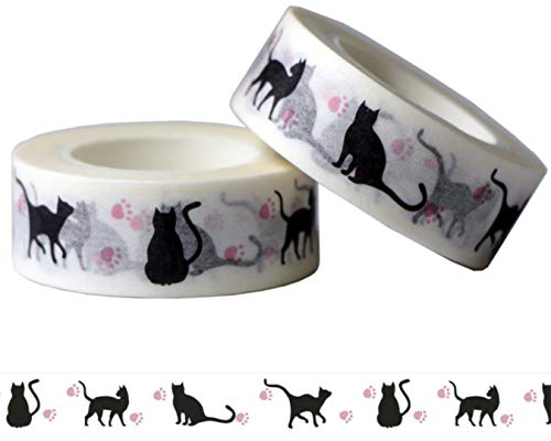 aufodara 2 Rollen 10m x 15mm Washi Tape Schwarz Nett Motives Pink Pfotenabdruck Dekoration Masking Tape Dekorative Papier Klebeband DIY Scrapbooking Basteln (Katze)