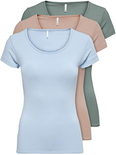 ONLY 3er Pack Damen T-Shirt schwarz oder weiß Kurzarm lang Basic Sommer T-Shirts XS S M L XL 15209153