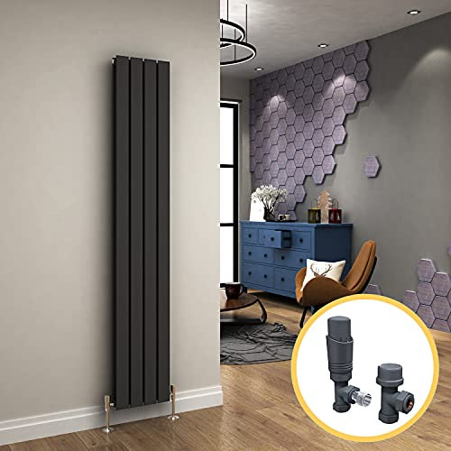 ELEGANT Vertical Radiator Anthracite Double Modern Designer Heater Tall Upright Radiators Wall Panel 1800 x 300 mm + Anthracite Thermostatic Valves Set