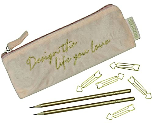 Papierdrachen Mäppchen aus Samt - Elegantes Federmäppchen in Puder mit motivierendem Spruch, 2 Bleistifen und 5 goldenen Paper Clips Uni und Schule | Set Nr 3