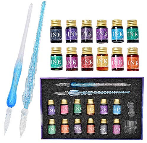 SIPLIV Lot de 16 stylos plume en verre faits à la main avec encre de 12 couleurs, 2 stylos en verre, gobelet de nettoyage et porte-stylo – Bleu clair