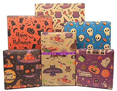 Halloween Geschenkpapier, Recycling Kraft Geschenkpapier, 12 Blatt 50x70cm Braunes gefaltetes Papier mit Halloween Bändern und Aufklebern für alle Halloween Gelegenheiten