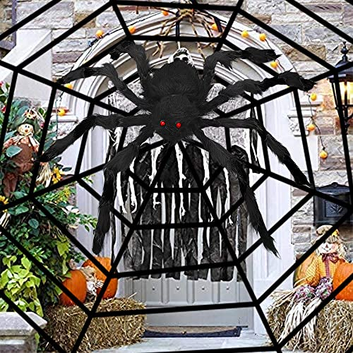 YATOSEEN Halloween Spinnennetz Dekoration, Riesenspinne Schwarz 75 cm Fake Dehnbares Spinnennetz Set Requisiten 10FT Runde Halloween Deko Partydekoration für Tür Wohnzimmerecke Garten Hotel Bar