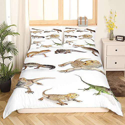 Loussiesd Reptil Bettwäsche-Set für Kinder Mädchen Jungen Teens Kind,Leopard Gecko Bettbezug Primitive Wildlife Tiere Eidechse Beige Weiß Grün,Dekor 2 Stück Bettwäsche 135x200cm
