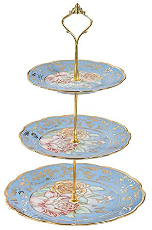 CHANJOON 3-Etagen-Keramik Vintage Kuchen Stand mit schönen klassischen Rose Muster, Lebensmittel Rack für die Anzeige von Kuchen-Platte (blue)
